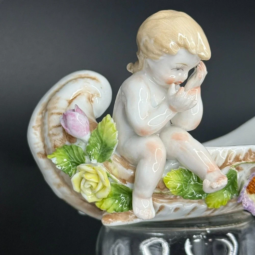 Vintage Cherub Angel Shell Porcelain Trinket‎ Pink Flower Dish Shabby Chic